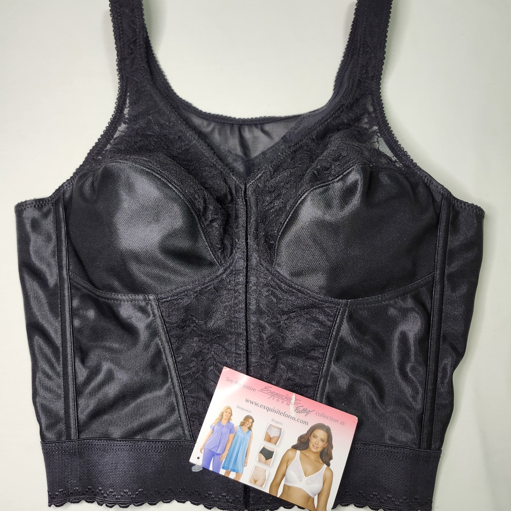 Black Satin Longline Bra with Lace Trim - Exquisite Form